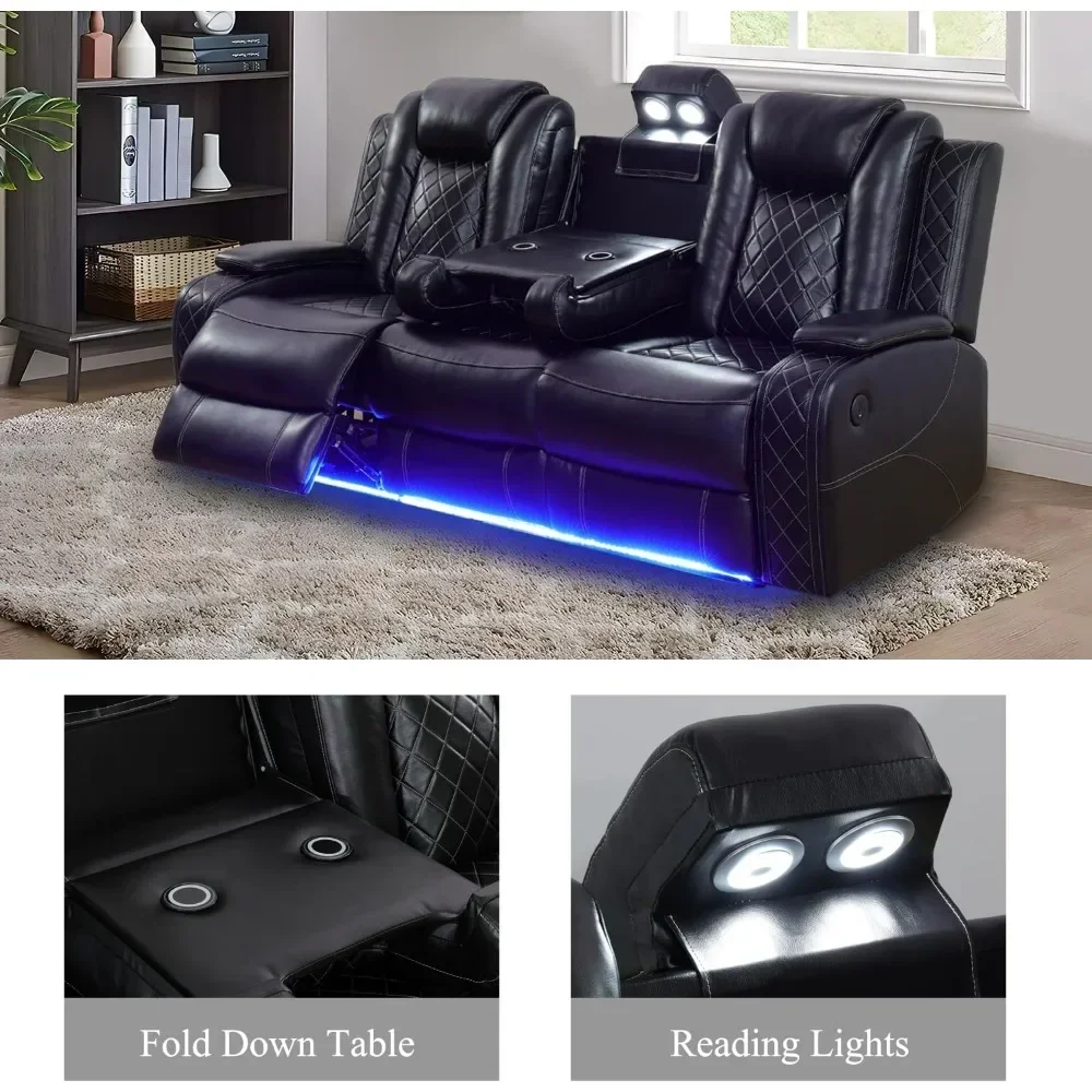 Leather Power Recliner Sofa Set with LED, Living Room Furniture Set, Leather Sofa Set with USB Port  Power Reclining Sofa Set