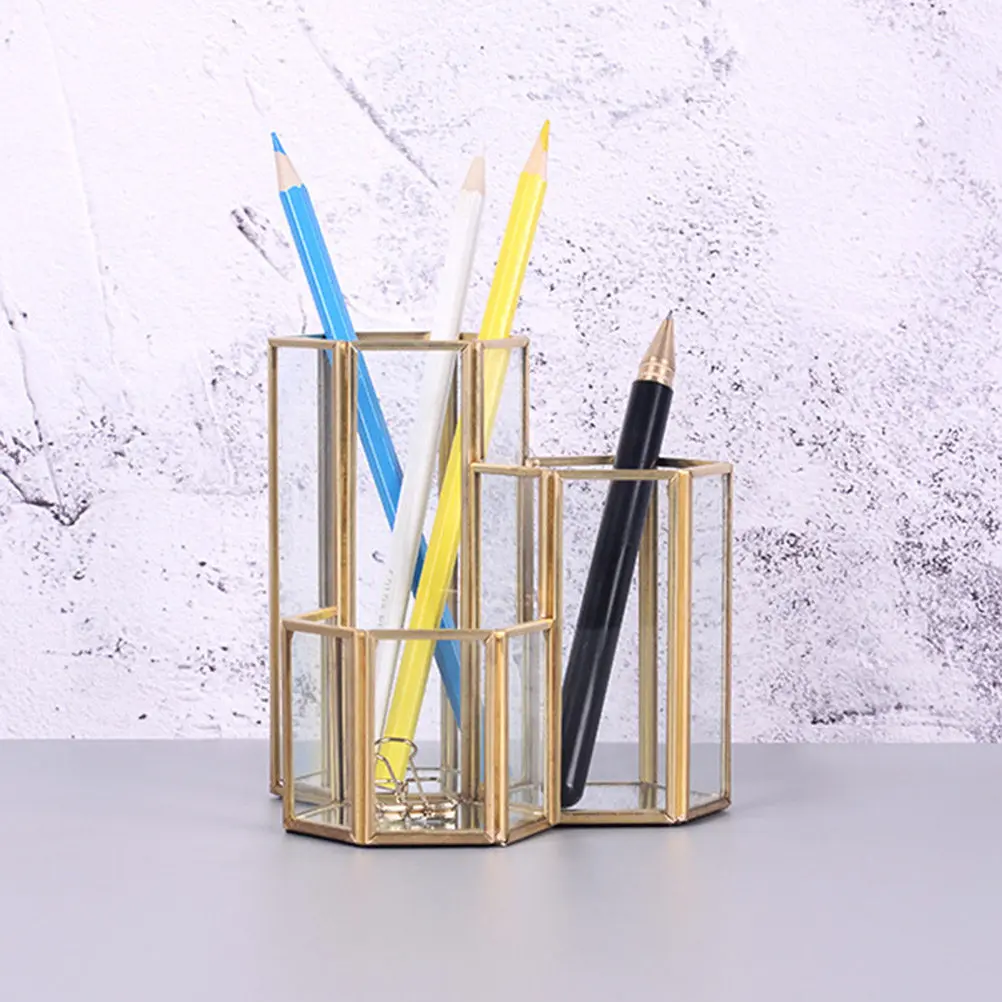 Premium Glass Pen Holder Hexagonal Nordic Design Desktop Organizer for Pens Pencils Stationery Decorative Desk Accessory Gift