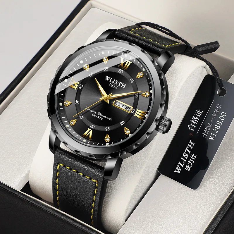 

Large dial foreign trade watch fashion double calendar luminous waterproof men's watch belt quartz watch crossborder men's watch