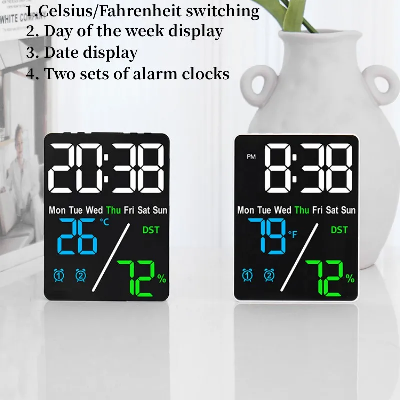 Digital Alarm Clock TEMP Humidity Date Week Disply 2 Alarm Snooze Electronic Table Clock 3-level Brightness 12/24H DST LED Clock