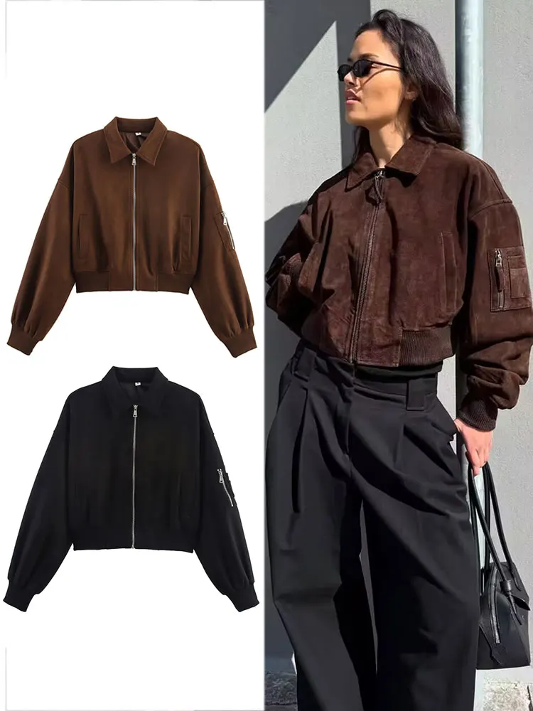 

HH женское короткое замшевое пальто винтажная однотонная куртка-бомбер на молнии с лацканами и длинными рукавами с карманами женская уличная верхняя одежда топы