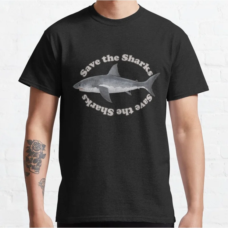 

Save The Sharks Great White Shark Retro sea Shark ocean animal Short-sleeve crewneck T-shirt for men large size Adult Tops S-6xl