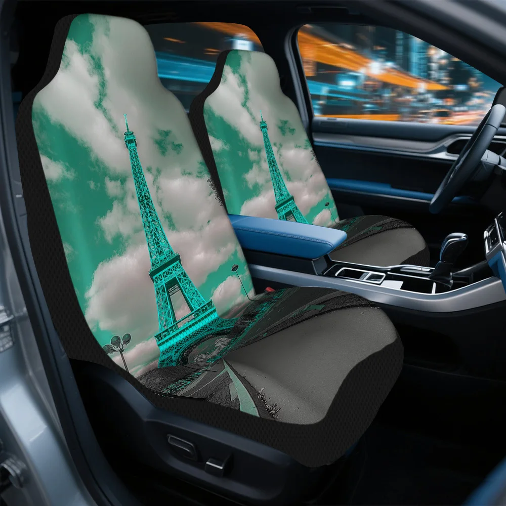 2pcs Eiffel Tower Under Clouds Print Seat Covers – Front Seat Protectors For Cars, SUVs & Sedans, Enhances Driving Comfort, Du
