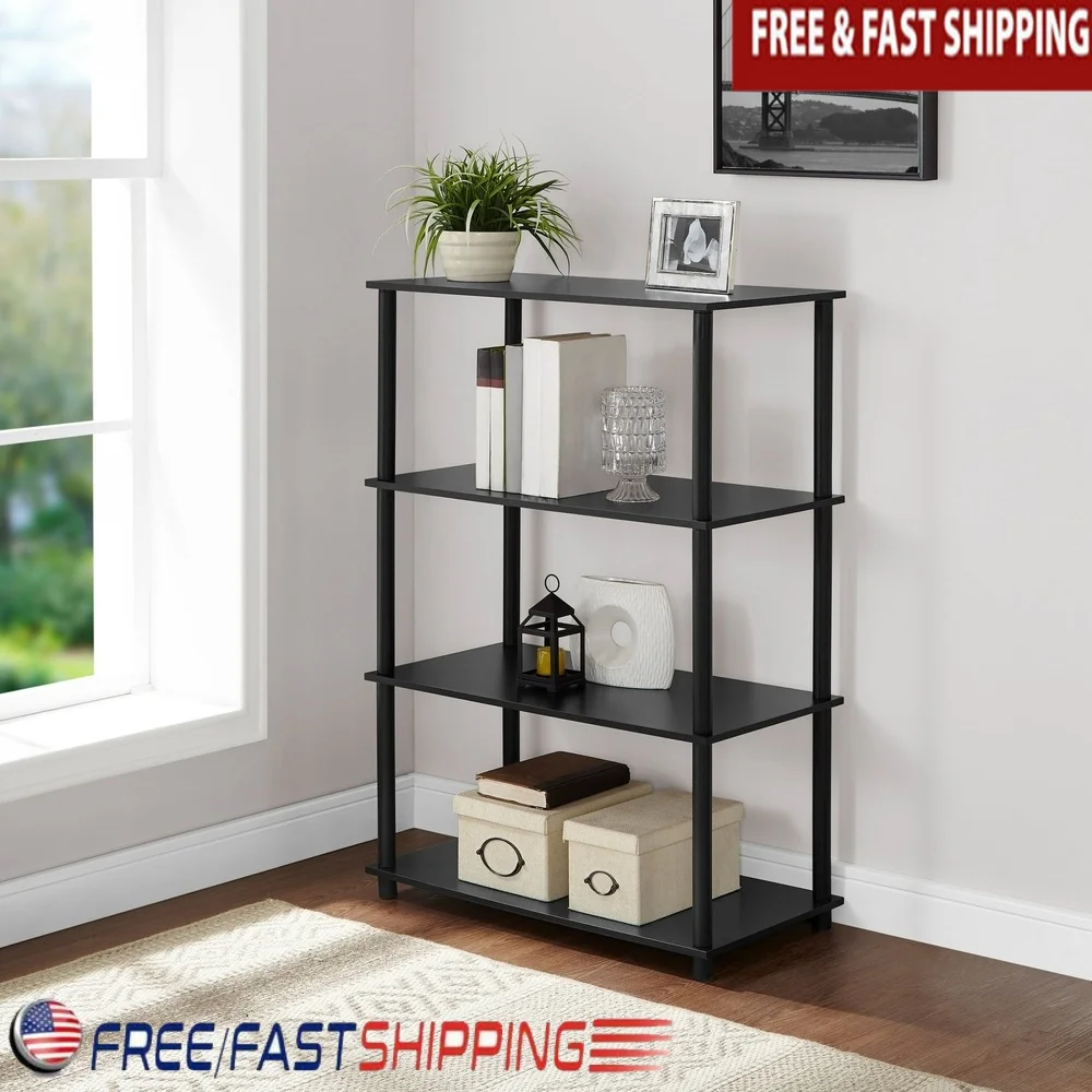 No Tools 4-Shelf Bookcase Black Oak Open Design Easy Assembly Storage Organizer Living Room Bedroom Office Game Room