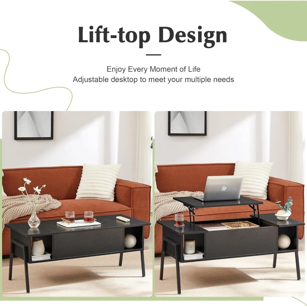 Wood Lift Top Coffee Table with Hidden Compartment and Storage Shelf for Living Room/Office Reception, Rising Tabletop, Black