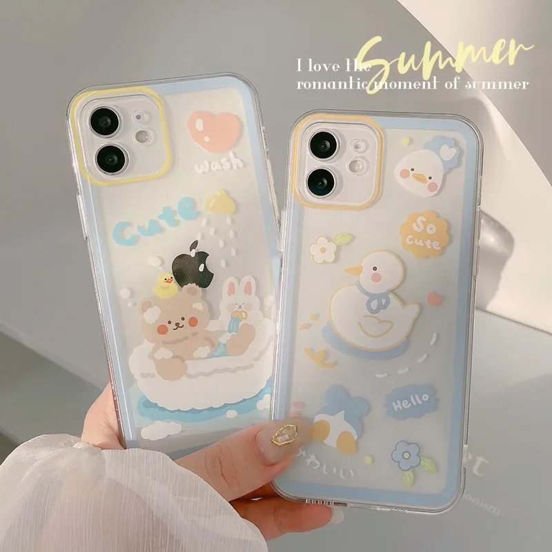 Retro smile wash bath bear kawaii Japanese Phone Case For iPhone 16 15 14 13 11 12 Pro Max 14 Plus Xr 15 16 Plus case Cute Cover