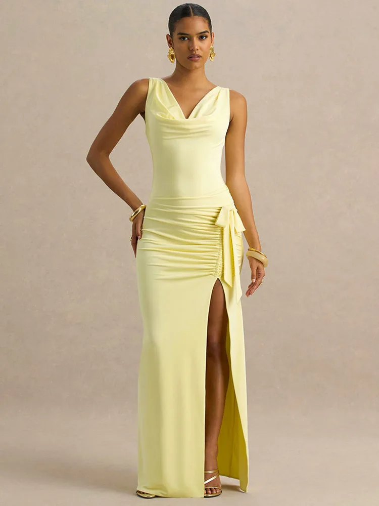 Absobe Women's Swing Collar Ruched Slit Maxi Dress Patchwork 3D Flower Sexy Sleeveless Slim Tank Long Dress Elegant Partywear