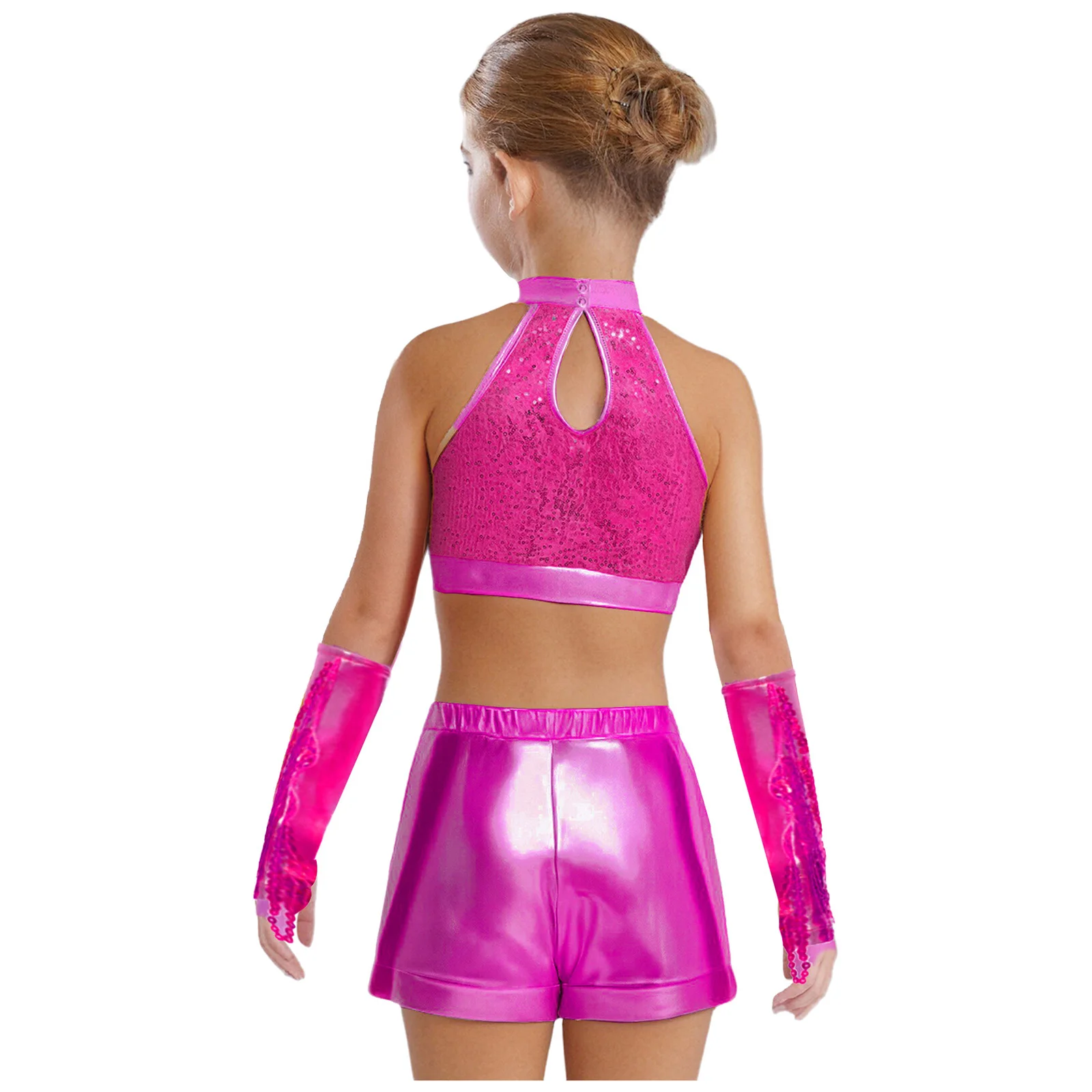 Girls Sequin Hip Hop Jazz Cheerleading Dance Costume Metallic Crop Top with Shorts Tassel Arm Sleeves Stage Performance Outfits
