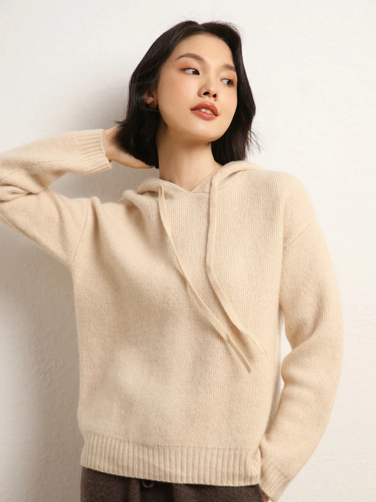 

Women's Thick Hooded Drawstring Pullover 100% Cashmere Sweater Autumn Winter Fashion Solid Casual Loose Warm Soft Clothing Tops