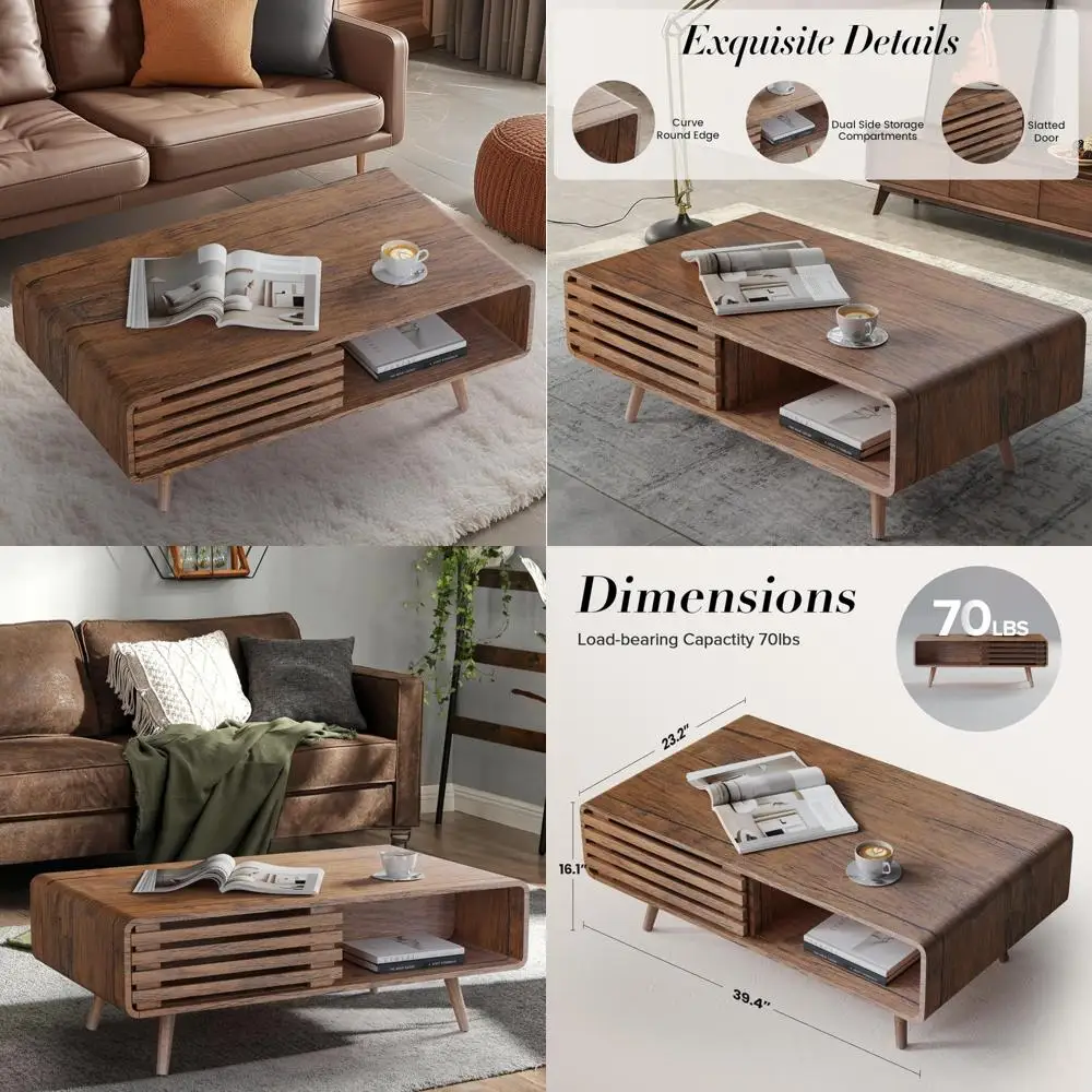 Farmhouse Style Coffee Table with Storage, Living Room Furniture, Easy Assembly, Suitable for Various Home Decors, Walnut Finish