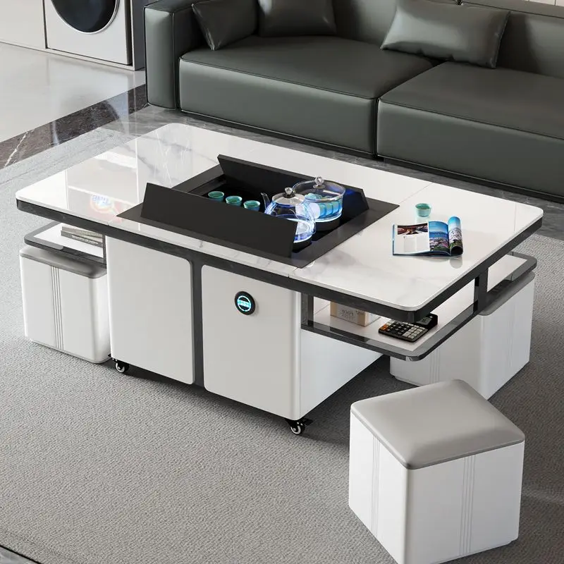 

Lifting Kung Fu Tea Table Mobile Living Room Cream Wind Function Tea Table Home Office Light Luxury Modern Smart Tea