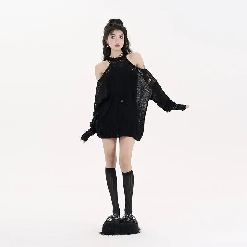 Hot Girl New Hollow Out Top Long Sleeve Off Shoulder Ripped Knit Design Knitwear Loose Cover Up Summer T Shirt