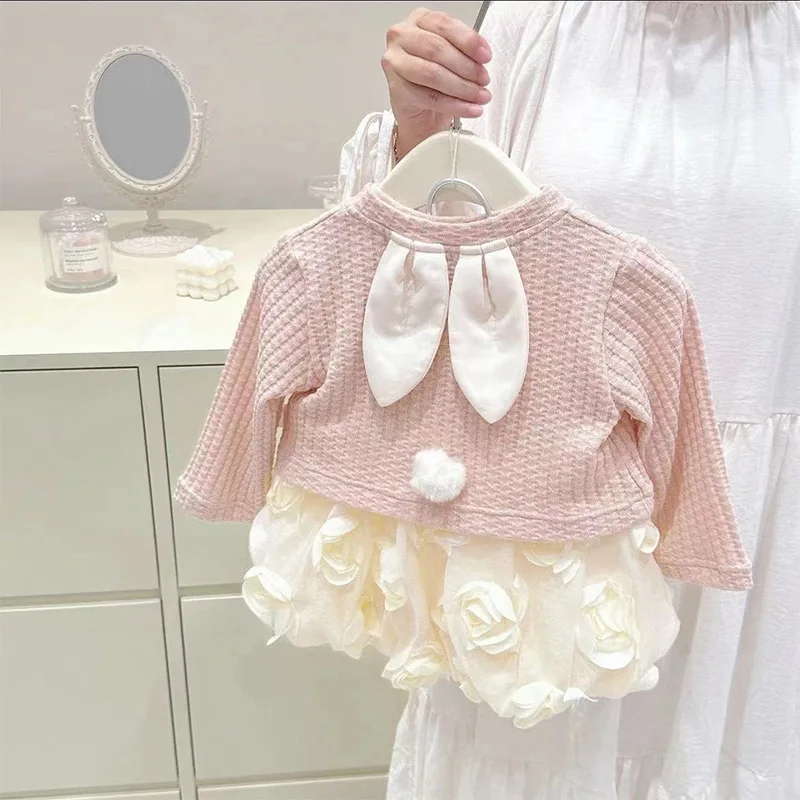 18M-6Y Girl Dress Knitted cardigan 2 Peices Flower Bud Autumn Girl Baby Princess Set Stylish Set