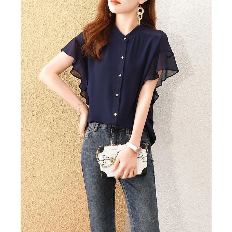 Summer Elegant Fashion Solid Color Flying Sleeve Shirt Female Loose Casual All-match Cardigan Top Women All-match Chiffon Blouse