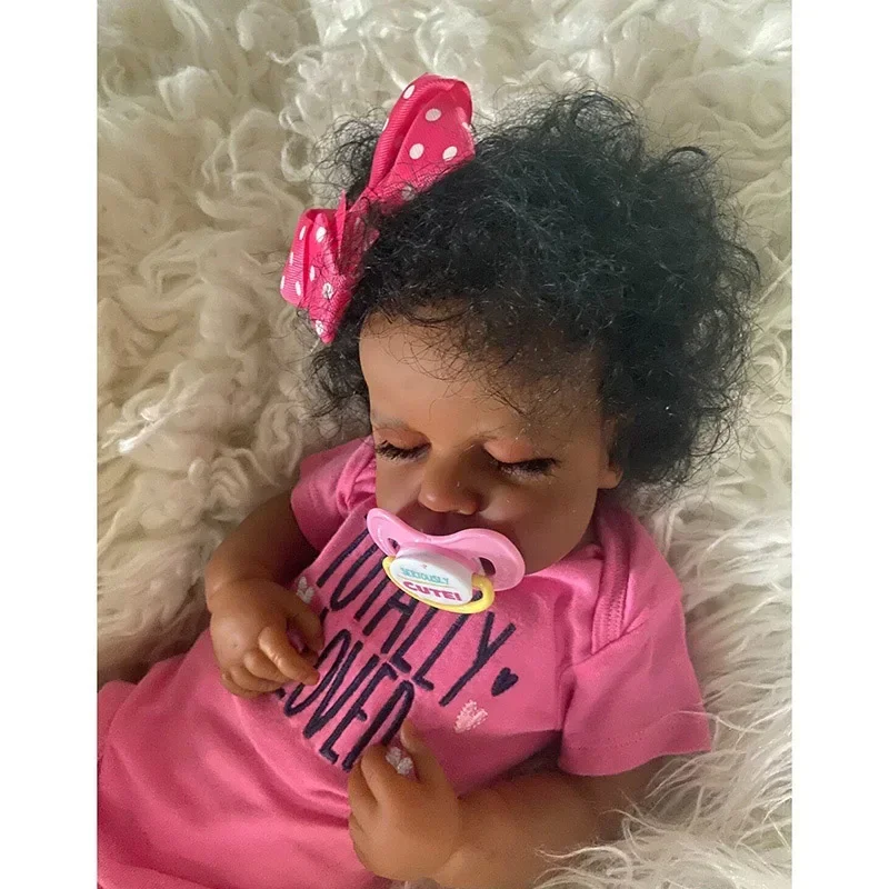 49cm Loulou Reborn Doll Balck Skin American Real Looking Baby Dolls Curly Hair Soft Vinly with Rooted Eyelshes for Children Gift