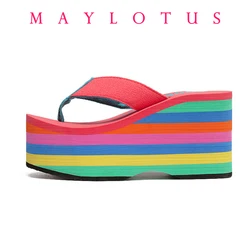 Women Flip Flops Beach Shoes Wedge Sandals High 10CM Heels Casual Peep Toe Platform Slippers Rainbow Summer Woman Slippers
