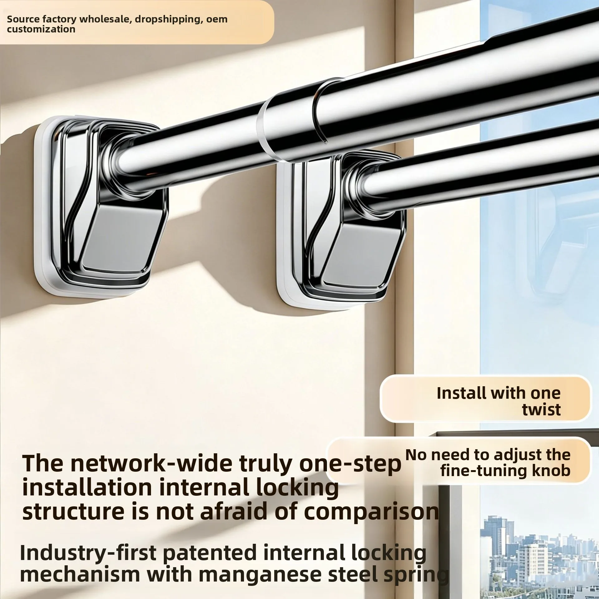 Mm Thickened No-Drill Telescopic Tension Clothes Rod Twist-Tight Wall Mounted Hanging Bar Adjustable M Spans Balcony Bathroom