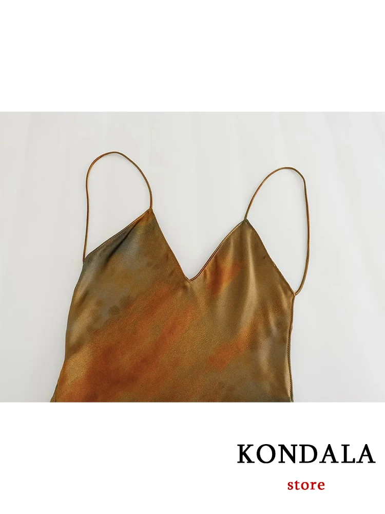 KONDALA Vintage Tie Dye Stampa Abito in Raso da Donna con Scollo a V Sexy Cami Dress Moda 2023 Estate Backless Vacanza Lungo Mujer Abiti