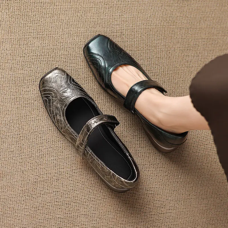 2026 new spring autumn women pumps natural leather 22-25cm cowhide+sheepskin square toe  buckle mary janes women shoes fashion