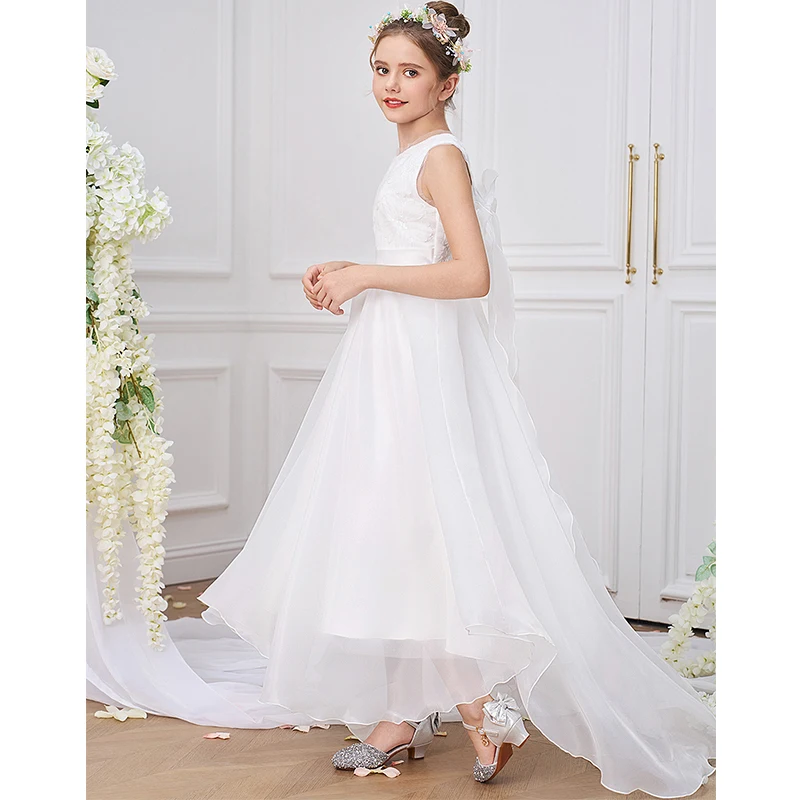Girls Party Dresses White Chiffon Trailing Wedding Bridesmaid Prom Gown Girl's Ceremonial Dress Kids First Communion Dress