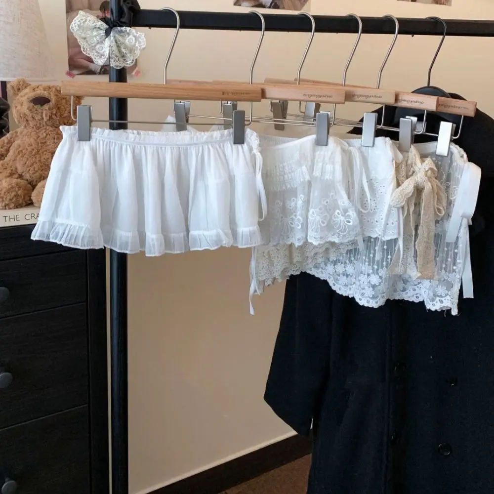 Rok Mini Renda Manis Lembut Rok Kasa Gaya Korea Bunga Rok Tepi Ruffle Bertali Pinggang Tinggi Anak Perempuan