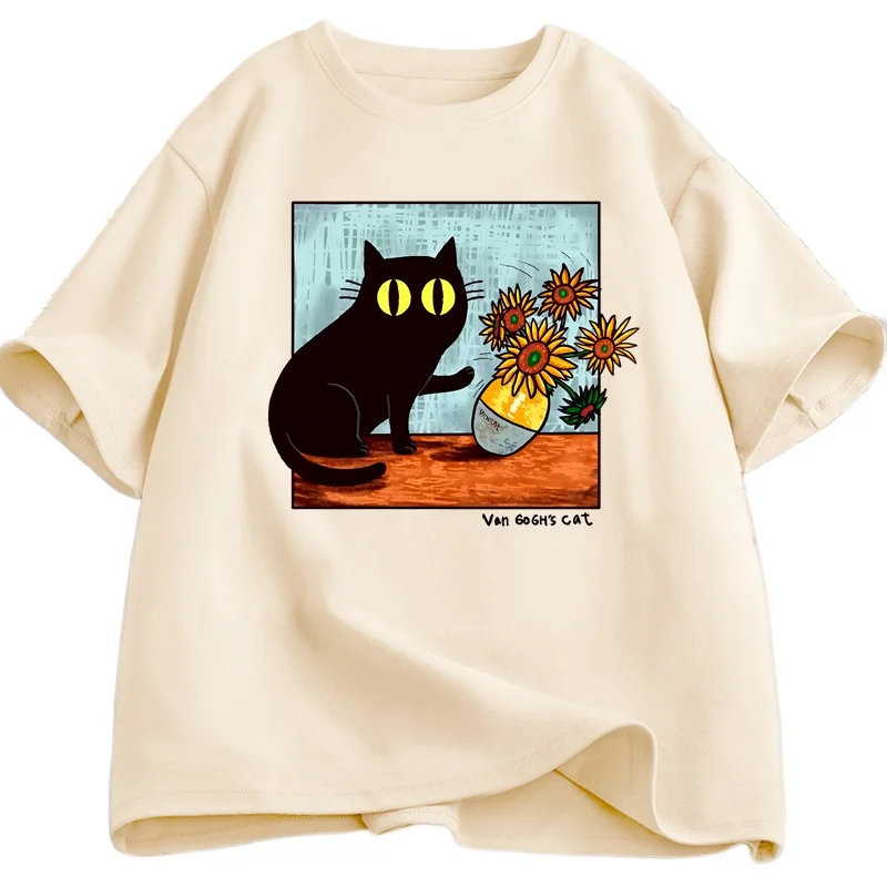 Van Gogh Cat Graphic T Shirts Men Women  Flower Black  Cat T-shirt Round Neck Short Sleeve Trendy Tee Shirt  Street Wear  Summer