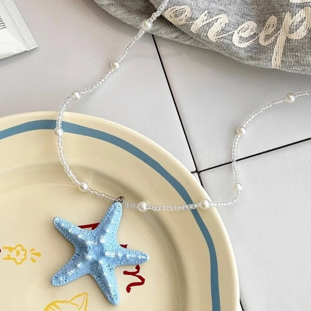 Cute Bohemian Starfish Necklace Beach Surfer Colorful Starfish Choker Dopamine Bead Splicing Trendy Beach Necklace Vacation
