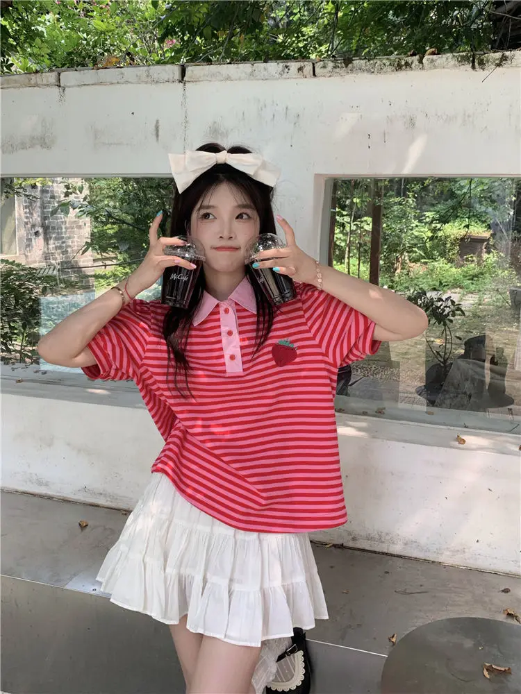 Polos para mujer, camisetas bordadas a rayas rosas, estilo coreano holgado Y2k Vintage de una pieza, ropa Emo de poliéster, camiseta femenina