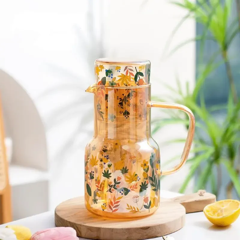 Large-capacity Glass Floral Cold Kettle Kitchen Lemon Beverage Juice Milk Drink Bottle High Temperature Resistance Home Tea Pot