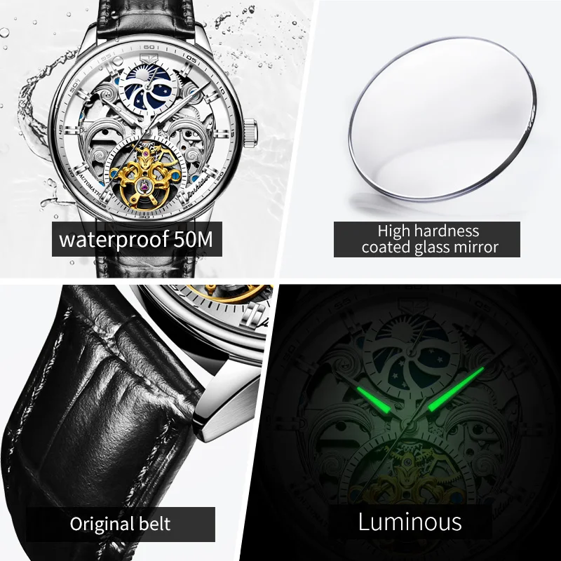 JSDUN 8922 Hollow Skeleton Mechanical Wristwatch Top Brand Waterproof Luminous Watch For Men Original Business Automatic Watches