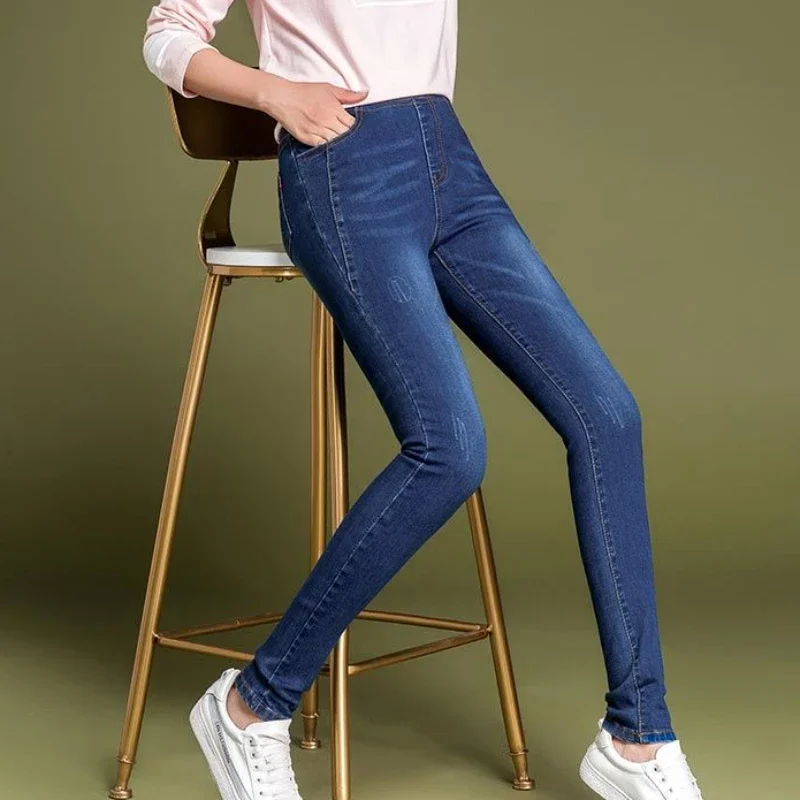 Female Denim Pants High Waist Shot Trousers Stretch Women's Jeans Gray Pencil 2024 Fashion Clothing Fitted Emo Basics A Cowboy R