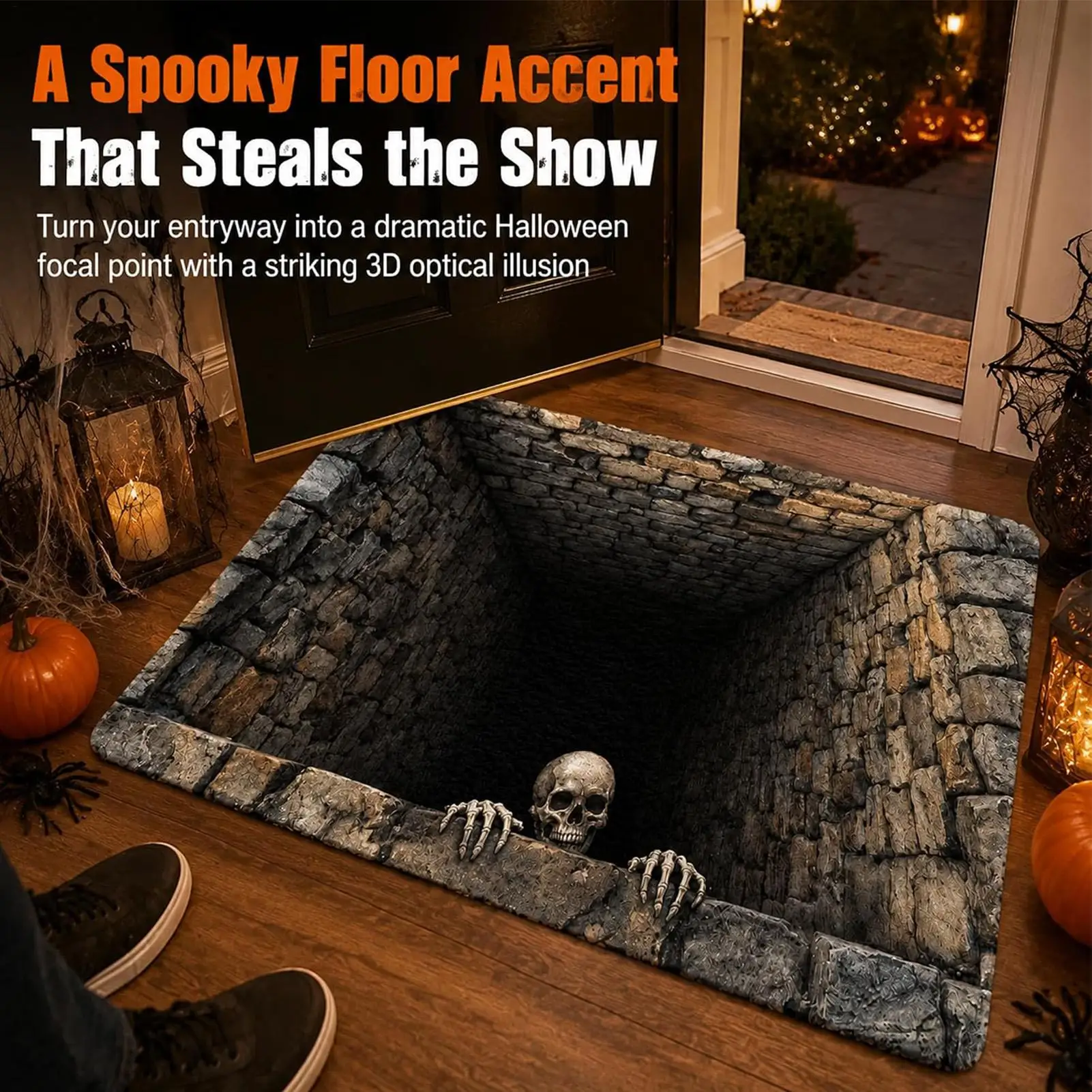 Spooky Halloween 3D Visual Rug with Hole Effect Rectangle Non Slip Indoor Area Carpet for Front Door Living Room Bedroom Office