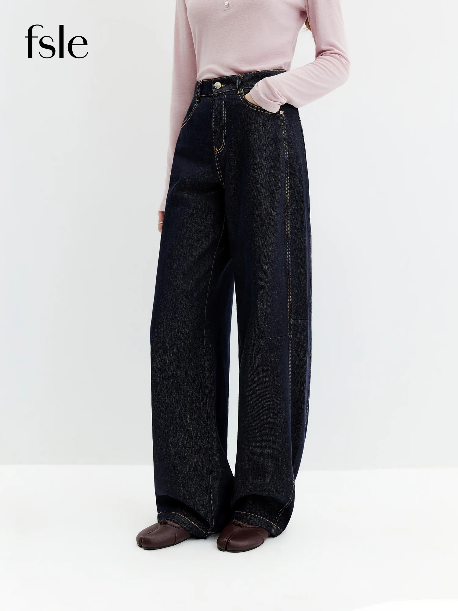 FSLE 2026 New Fall Women‘s High Rise Raw Denim Barrel Leg Jeans, Slim Straight Horseshoe Trousers for Modern Minimalist Style