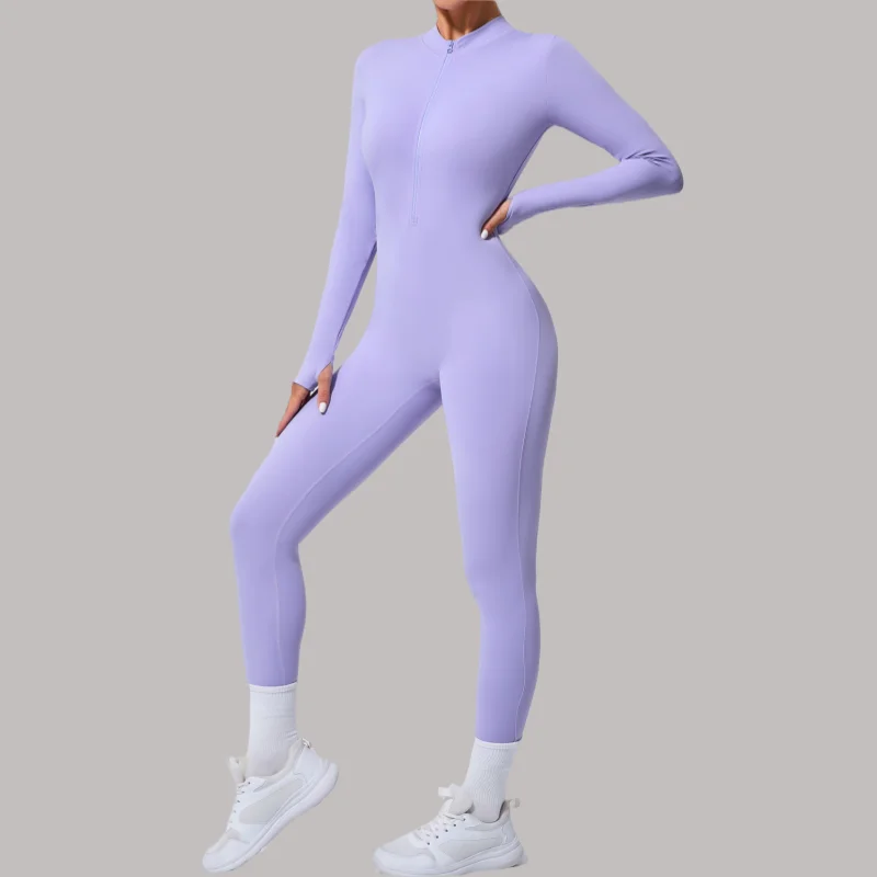 

Бесшовный комбинезон для йоги для женщин без нагрудной подушечки с длинным рукавом и отверстием для пальцев на половину молнии для бега, фитнеса, плотная спортивная одежда