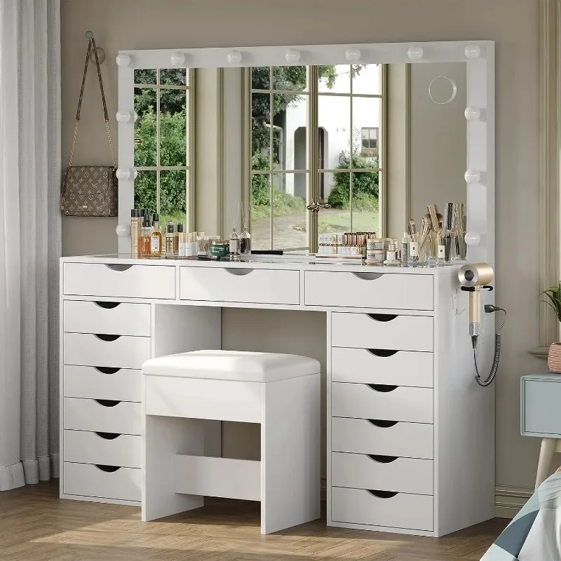 Vanity Desk with Mirror and Lights, Makeup Table with Charging Station, 3 Color Lighting Modes, 15 Drawers Dressing, Customized