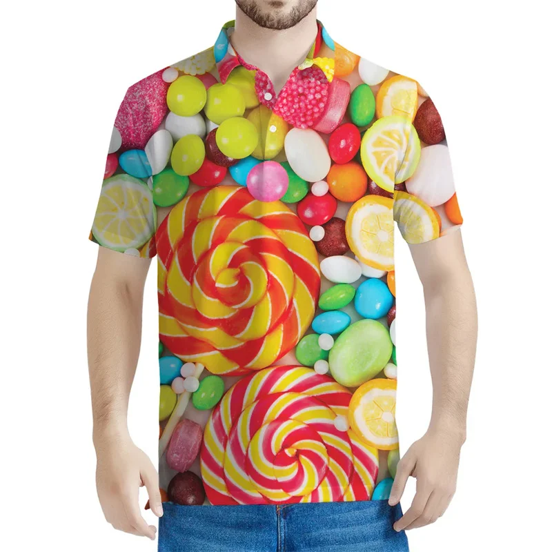 Colorful Lollipop Pattern Polo Shirt Men 3D Printed Candy Short Sleeve Lapel Tees Children Summer Harajuku Tops Button T-shirt