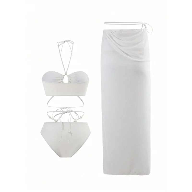 Conjunto de Bikini Sexy para mujer, traje de baño con perlas y cuello Halter, Espalda descubierta, traje de baño con cordones, novedad de 2025, Bikini, ropa de playa de 3 piezas