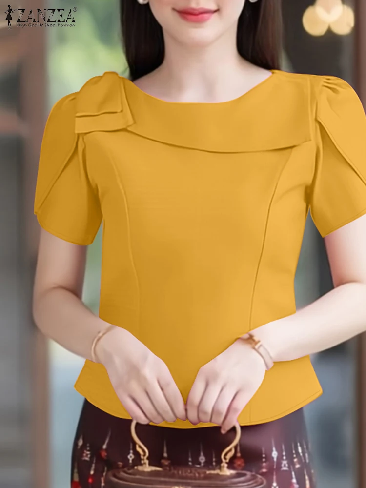 

ZANZEA Boatneck Fashion Blusas Mujer Fitted Waist Womens Office Elegant Blouses Bow Detail Short Petal Sleeve 2025 Summer Tops