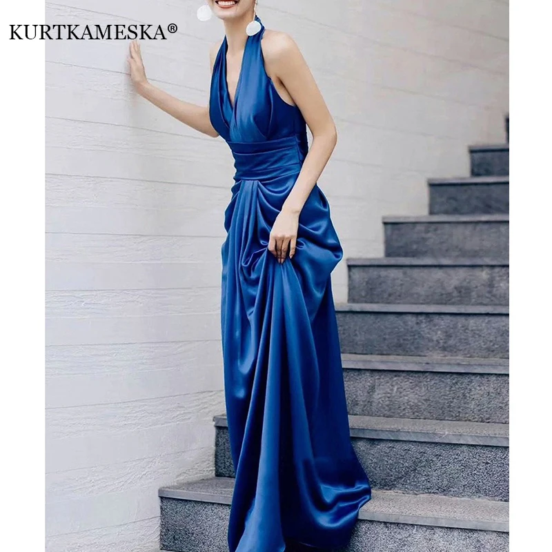 

Halter Backless Satin Evening Dress Blue Elegant Formal Party Gown for WomenLong Prom Dress with Ruched Detail for Wedding Guest