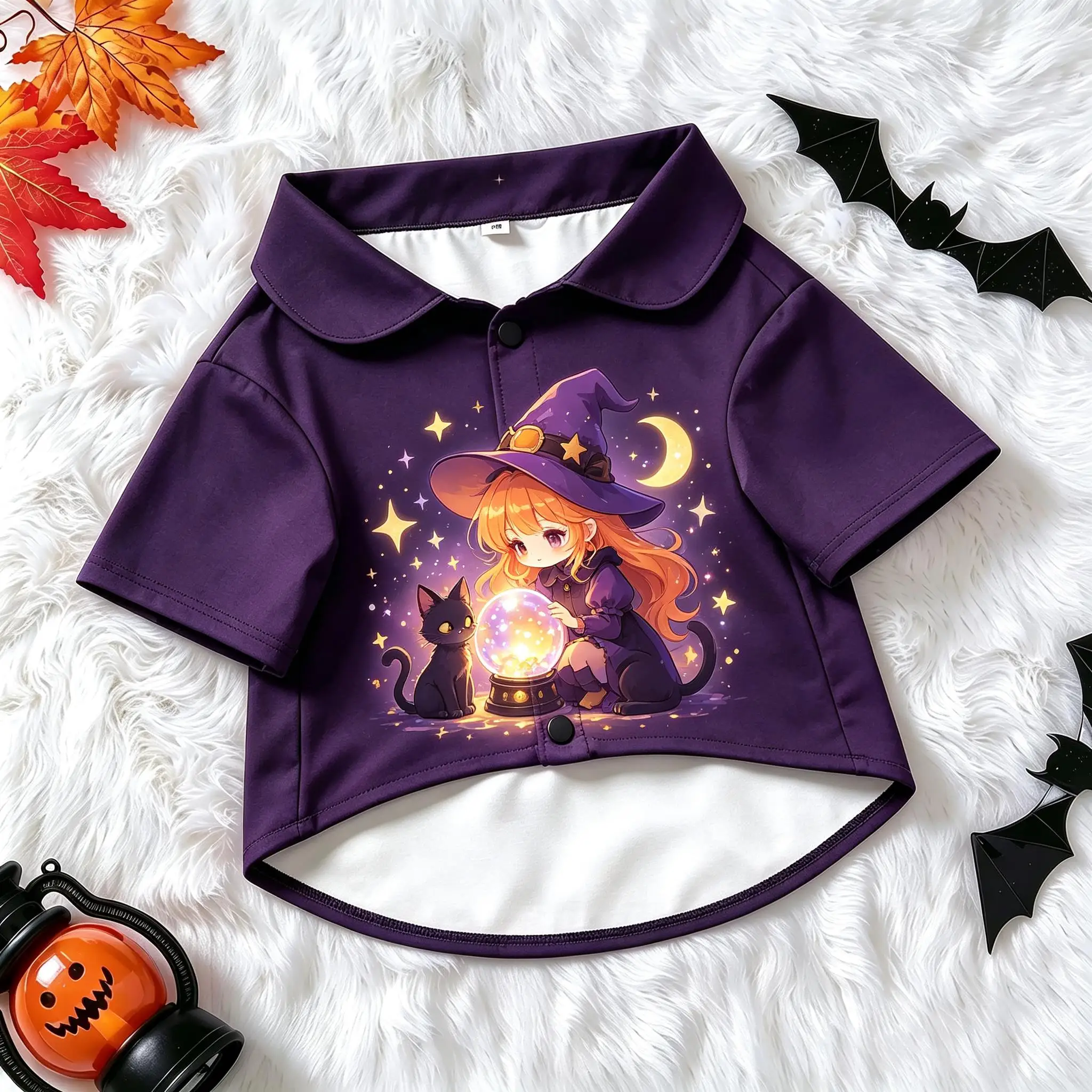 Pet Dog Shirt Purple Anime Witch Black Cat Print Breathable Button Up for Small Medium Dogs Cute Magic Theme Party Wear