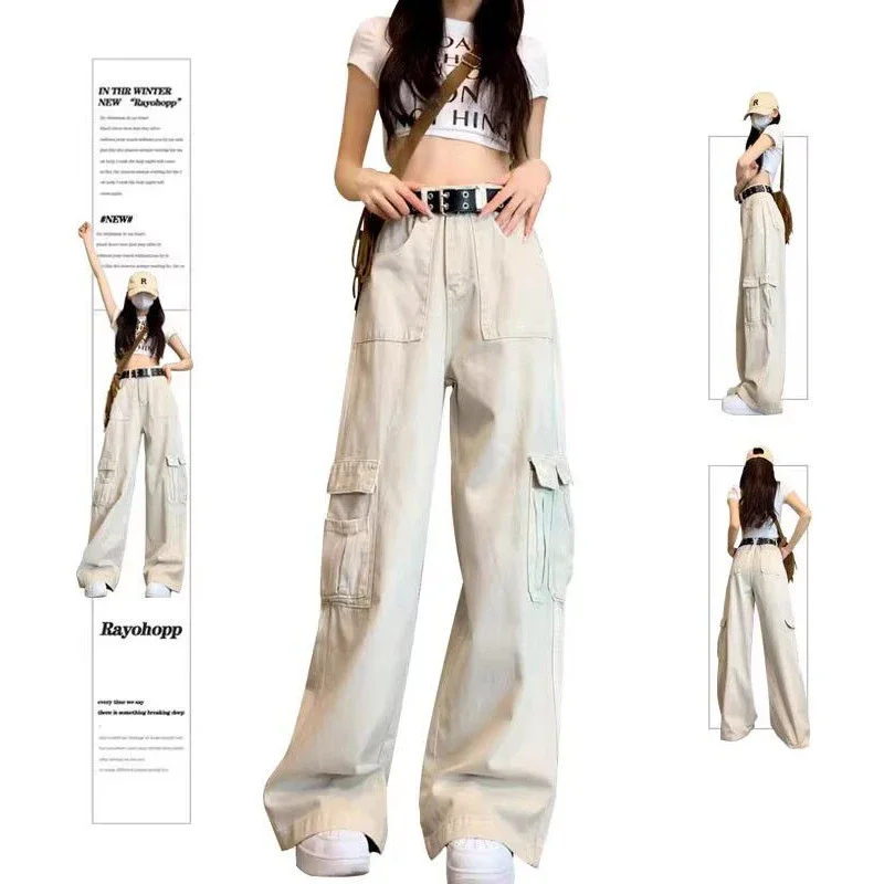 

Женские американские винтажные джинсы-карго, женские повседневные уличные джинсовые брюки с высокой талией, дизайнерские джинсовые брюки с несколькими карманами для девочек