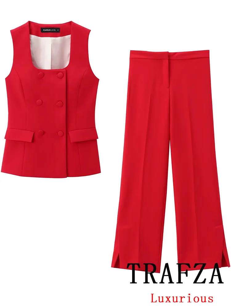 TRAFZA Vintage Office Lady Chic Red Women Suit Double Breasted Vest Straight Zipper Loose Pants New Fashion 2024 Summer Sets