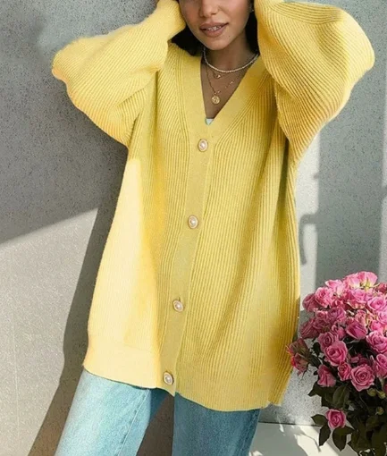 

2025 новый модный вязаный кардиган на пуговицах, женский осенний повседневный свободный однотонный свитер с v-образным вырезом и длинными рукавами, куртка для женщин