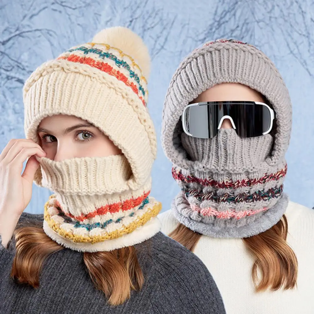 Balaclava Hat Thermal Fleece Hat Women’s Winter Ski Hat with Long Scarf Full Face Guard Thermal Fleece Headgear Patchwork