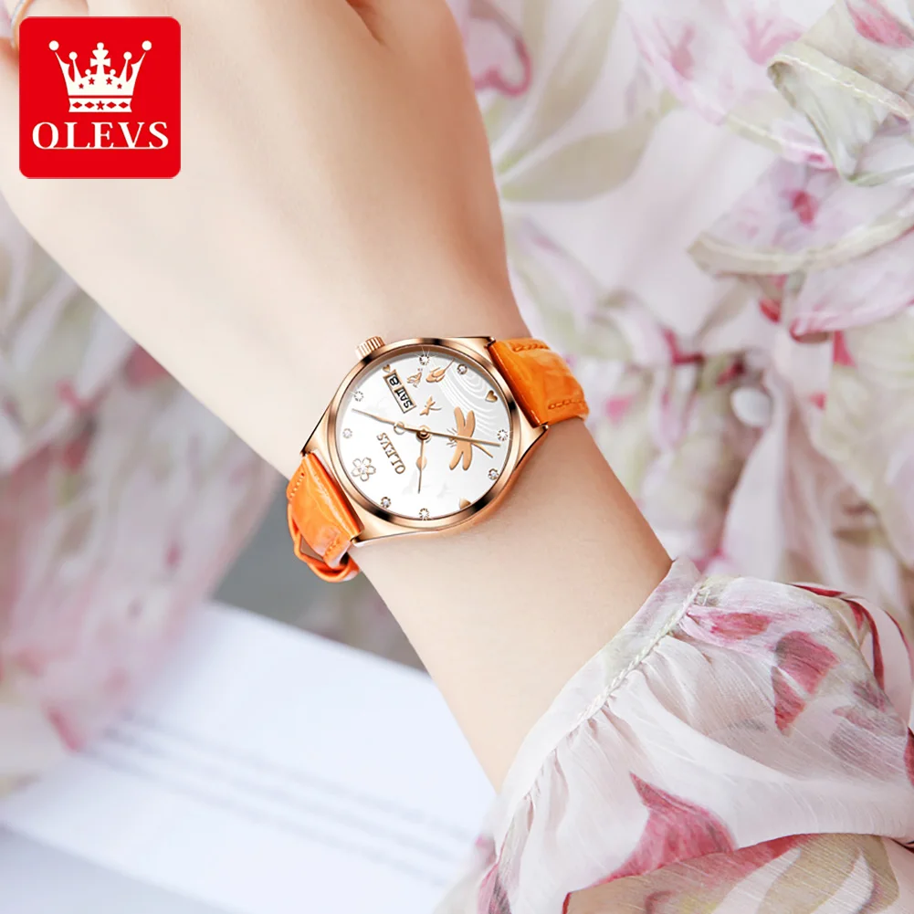 OLEVS 6611 Classic Mechanical Watch For Women Auto Date Leather Ladies Wristwatch Original Waterproof Luxury Elegant Woman Watch