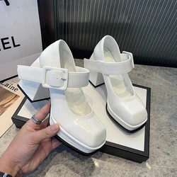 Shoes for Women 2023 New Mary Jane High Heels Women's Korean Thick Square Head Retro White High Heels Wedding Shoes Bride