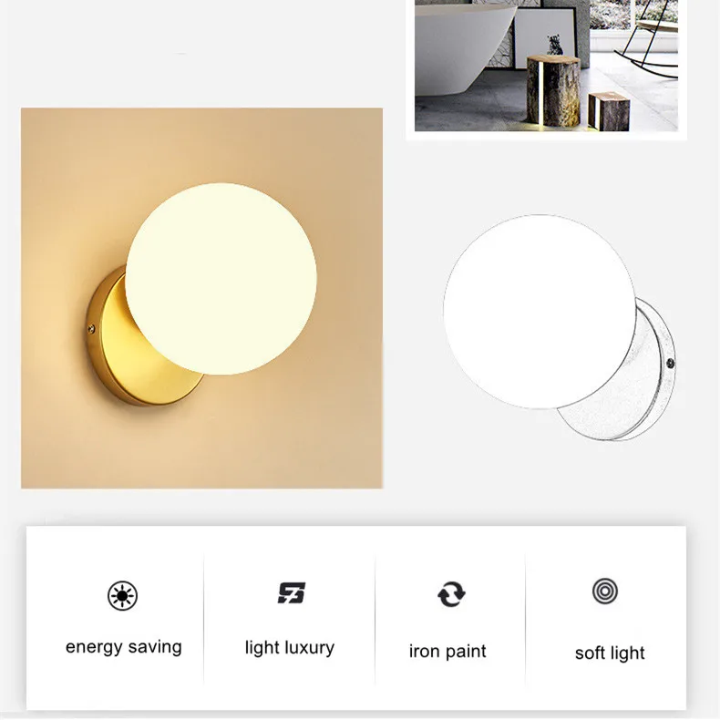 Nordic Glass Ball Wall Lights Fixture Gold Modern Living Room Study Bedroom Bedside Wall Lamp Indoor Home Decor Sconce 85-265V