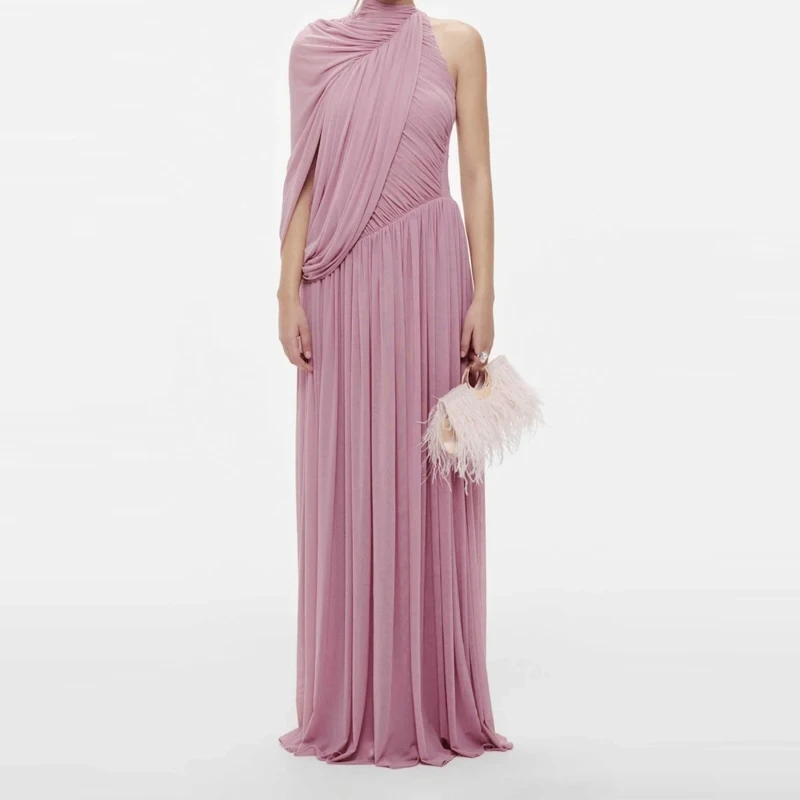 

Trendy Design Style Solid Banquet Dress Elegant Lady Asymmetry Hollow Out Party Maxi Dress New Pleated Halter Slim Evening Dress