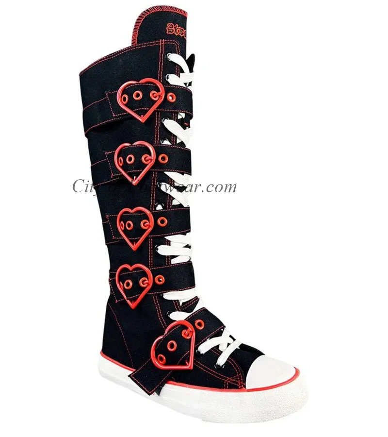 Canvas Plaid Flats Heart Buckled Knee High Boots Black/Pink Lace up Zip Girl's Big Size Soft Long Boot Designer Dress Shoes