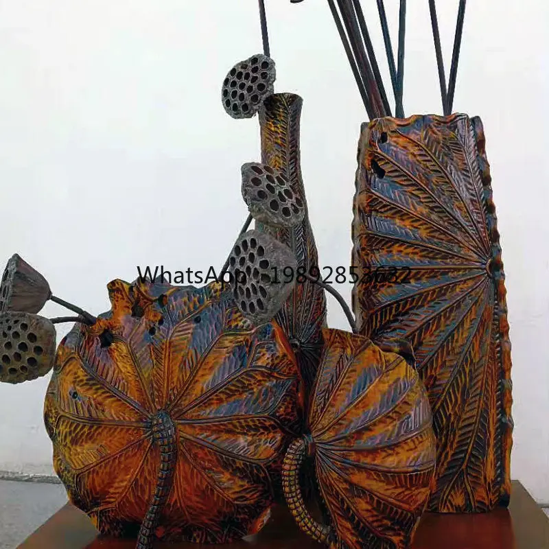 Floor-to-ceiling retro vase wooden irregular wide-mouth lotus leaf decorative flower device